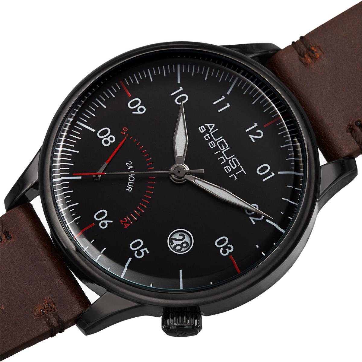 August Steiner Men`s AS8285 Quartz 24hr Retrograde Date Leather Strap Watch Dark Brown