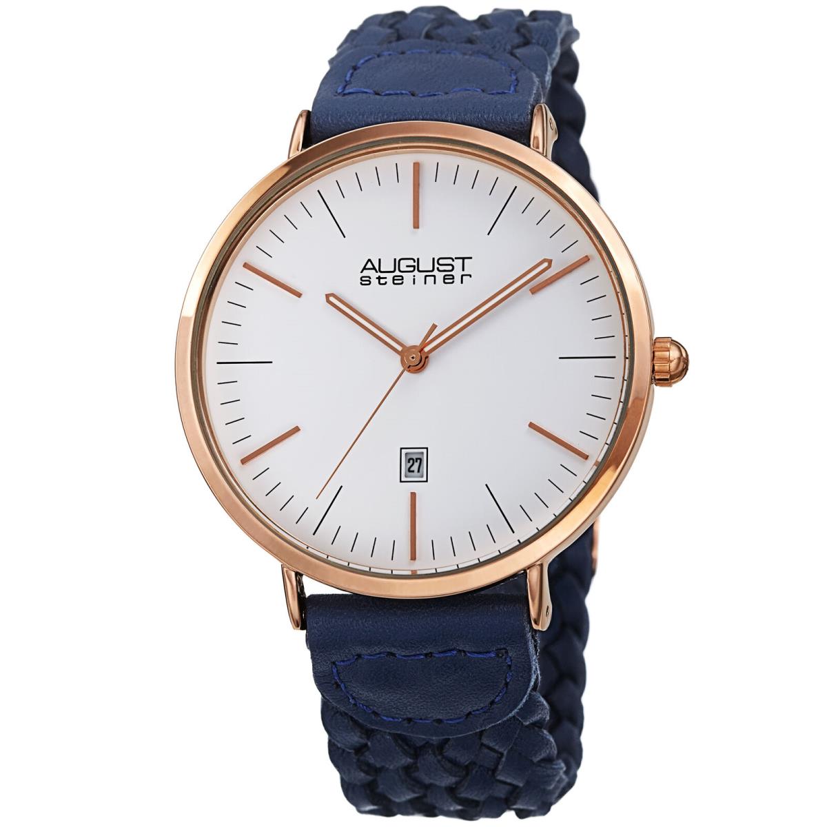 August Steiner Men`s AS8293 Quartz Slim Date Braided Leather Strap Watch Blue