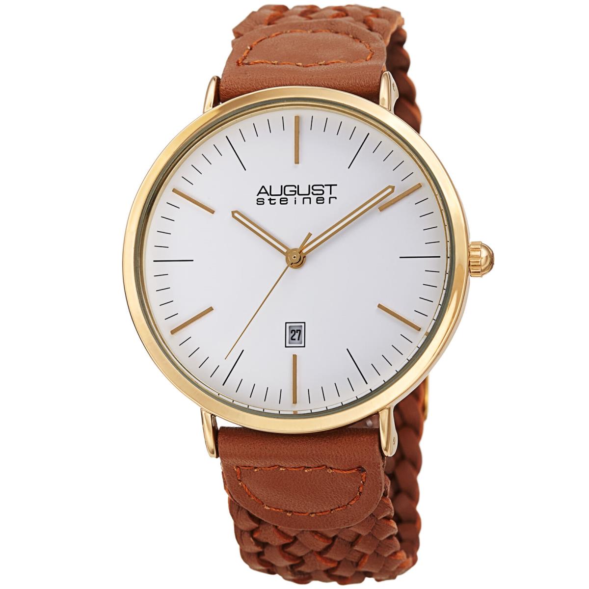 August Steiner Men`s AS8293 Quartz Slim Date Braided Leather Strap Watch Tan