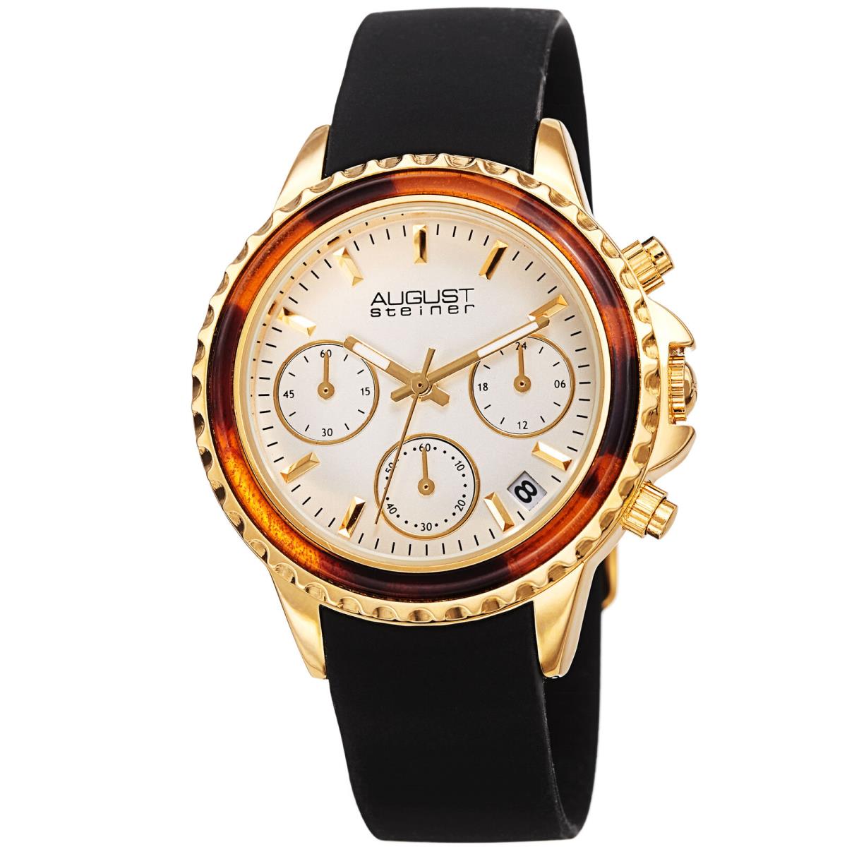 Women`s August Steiner AS8268 Quartz Chronograph Date Silicone Strap Watch Black/Gold