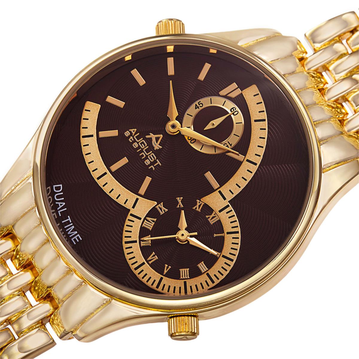 Men`s August Steiner AS8141 Quartz Dual Time Stamped Dial Metal Bracelet Watch Gold