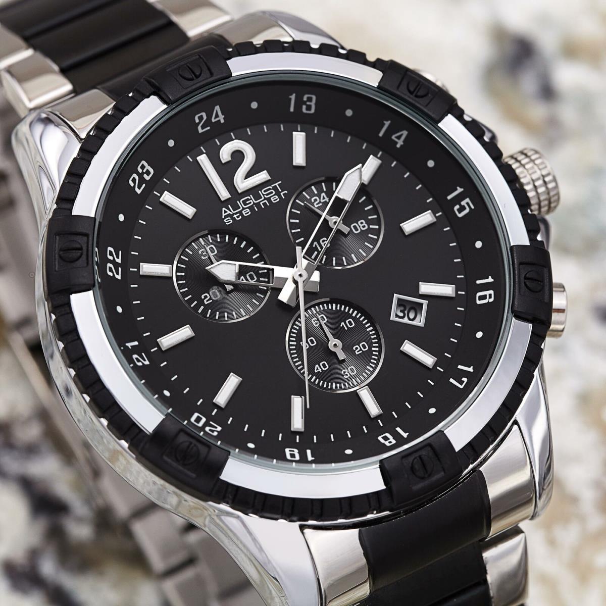 Men`s August Steiner AS8229 Swiss Quartz Chronograph Stainless Steel Watch Silver Tone With Black Accents