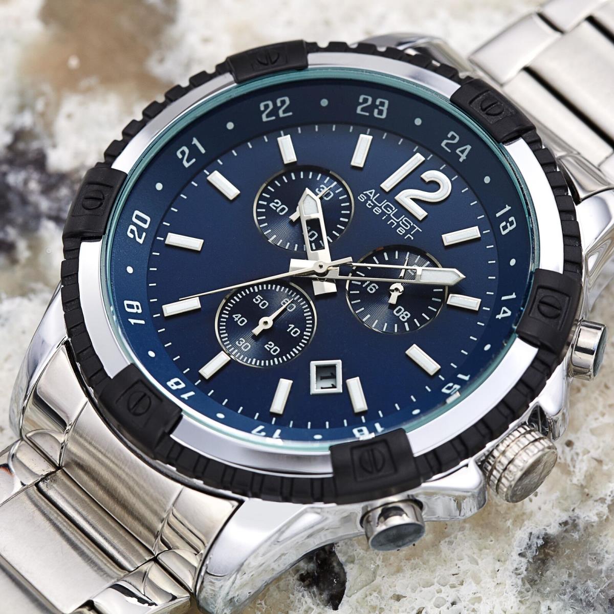 Men`s August Steiner AS8229 Swiss Quartz Chronograph Stainless Steel Watch Silver with Blue Accents