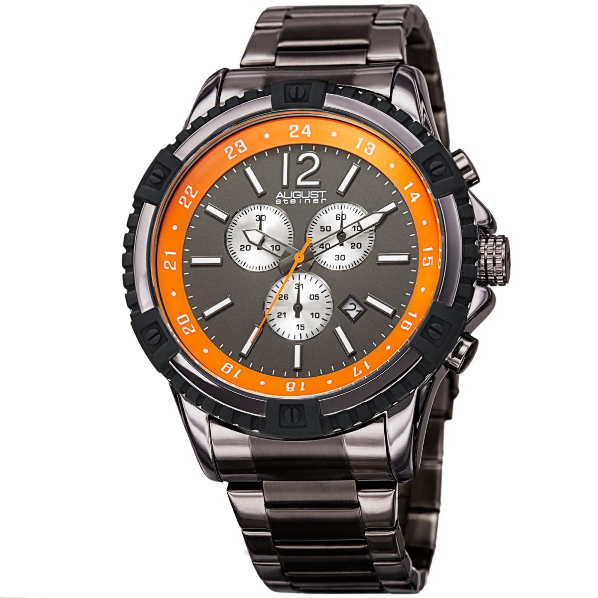 Men`s August Steiner AS8229 Swiss Quartz Chronograph Stainless Steel Watch Gunmetal Grey with Orange Accents