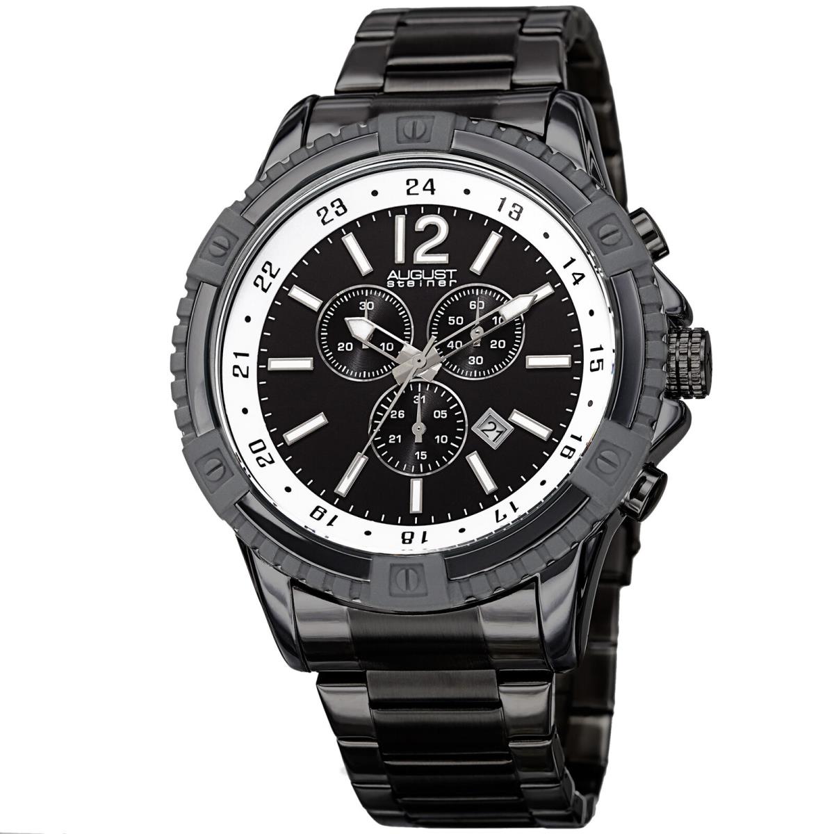 Men`s August Steiner AS8229 Swiss Quartz Chronograph Stainless Steel Watch Jet Black