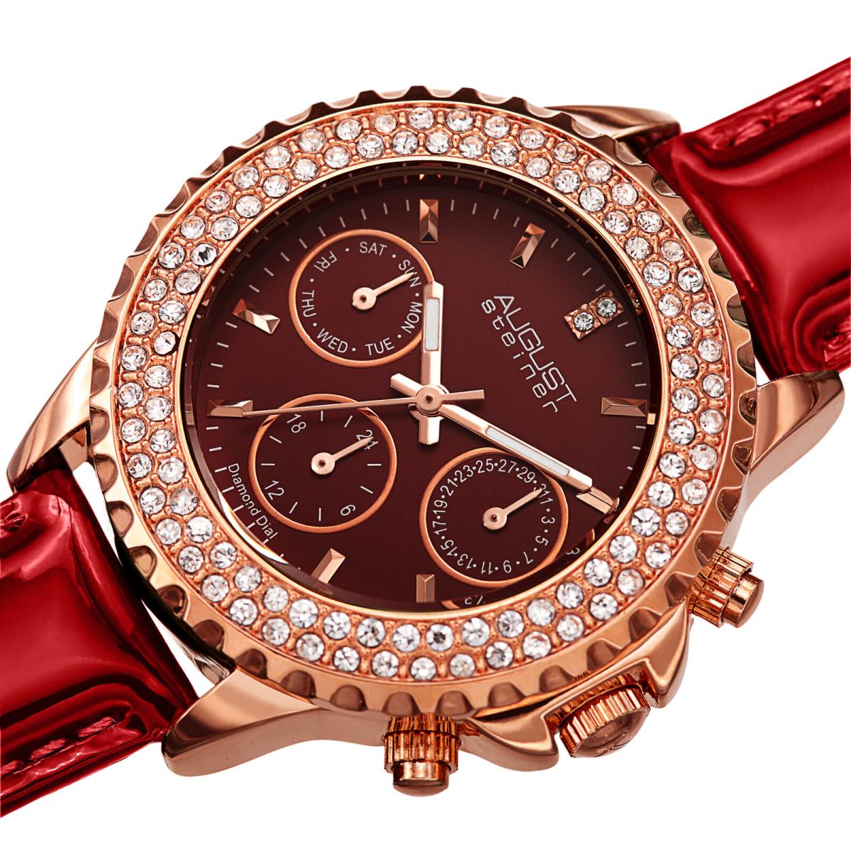 Women`s August Steiner AS8267 Crystal Diamond Marker Day Date 24 Hrs Strap Watch Red