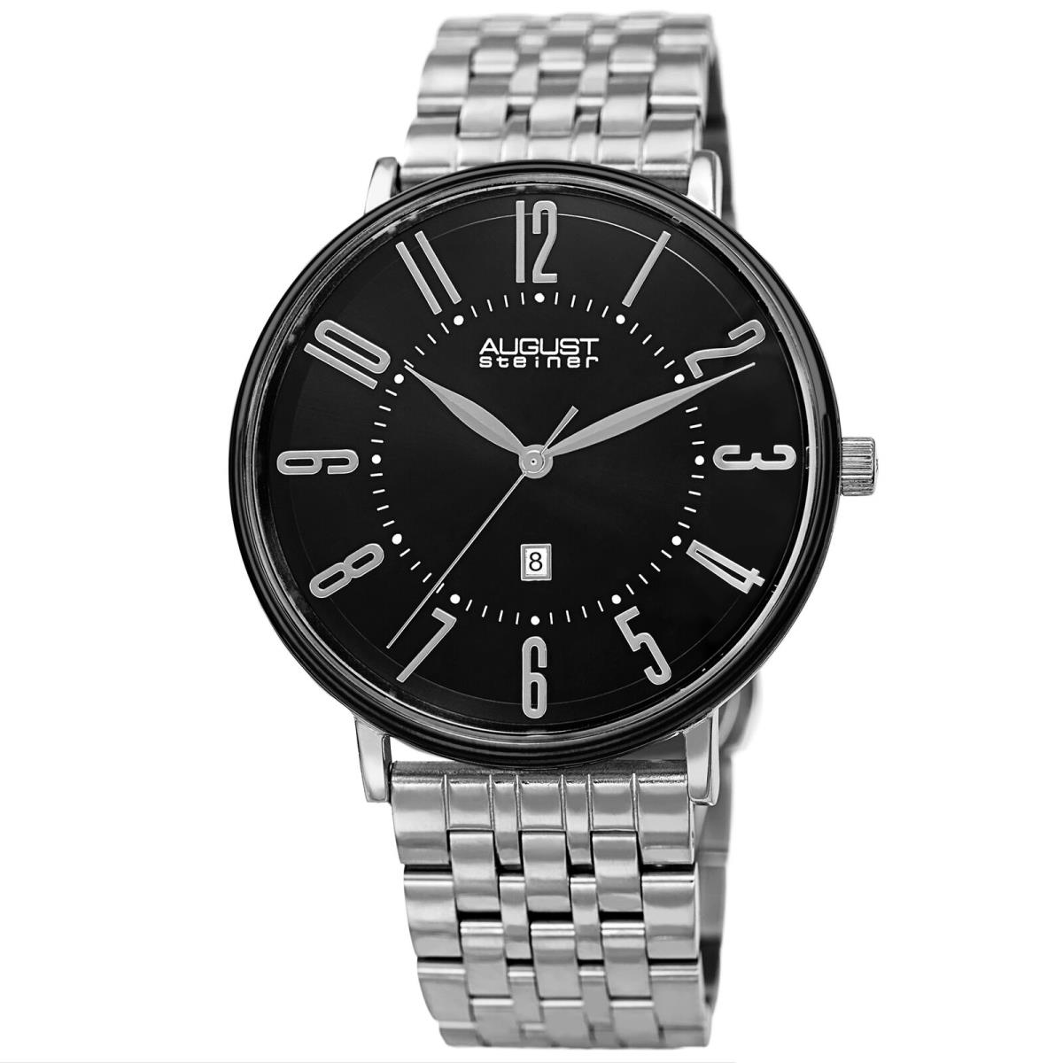 Men`s August Steiner AS8257 Quartz Date Stainless Steel Link Bracelet Watch Black on Silver