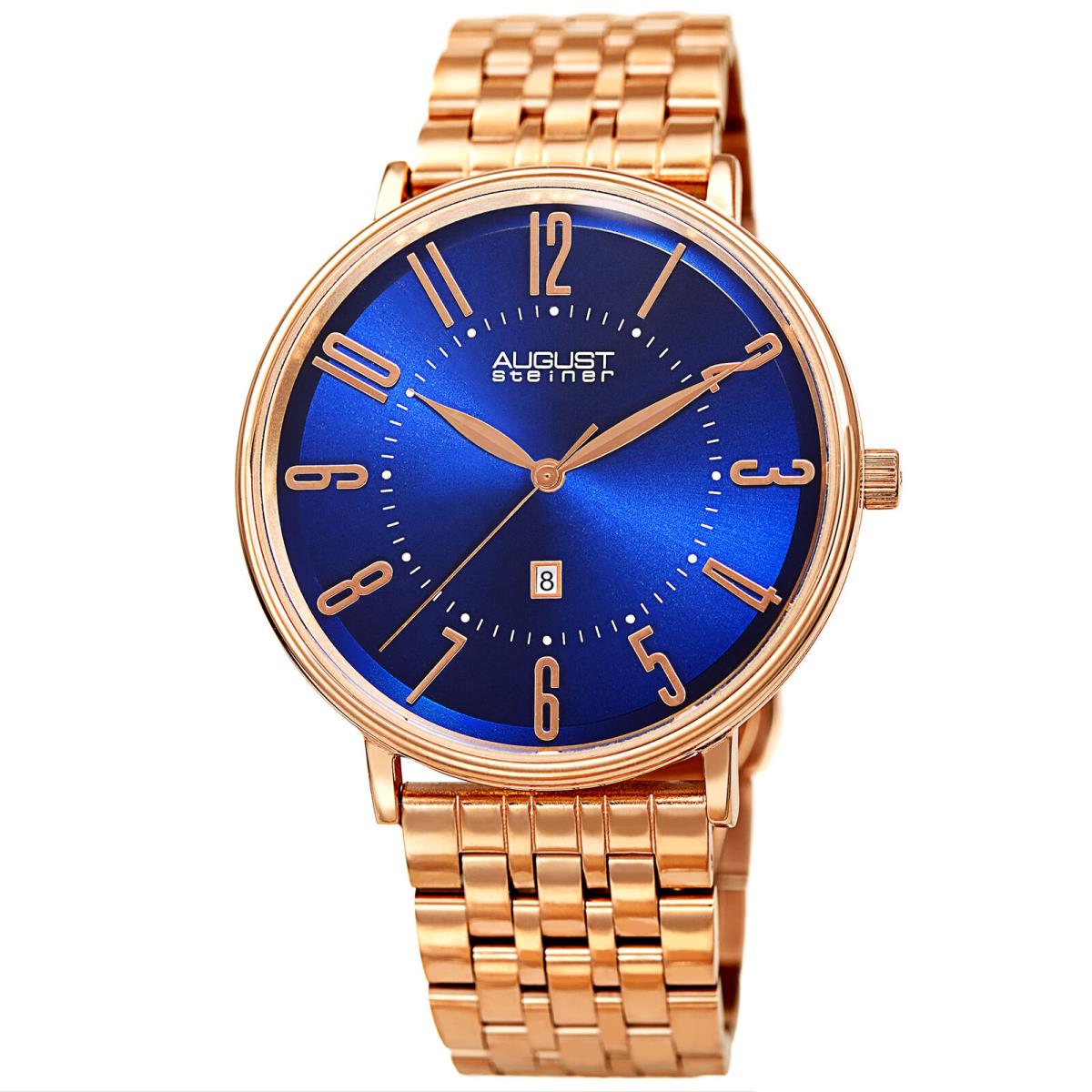 Men`s August Steiner AS8257 Quartz Date Stainless Steel Link Bracelet Watch Blue on Rose Tone