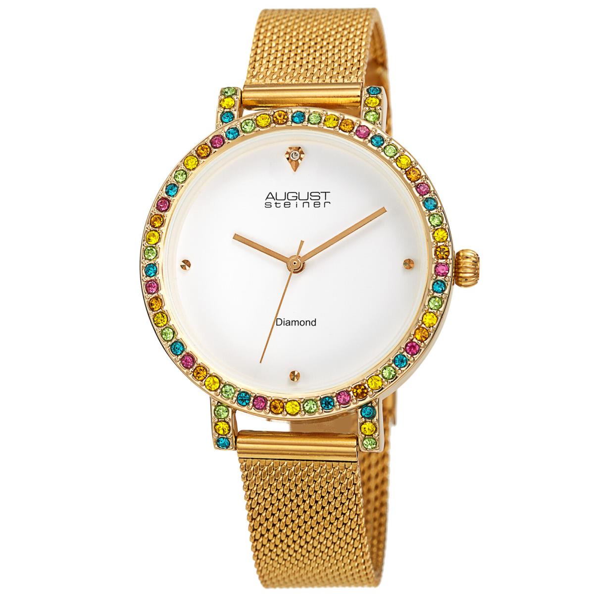 August Steiner Women`s AS8281 Diamond Crystals Stainless Steel Mesh Band Watch Gold Tone