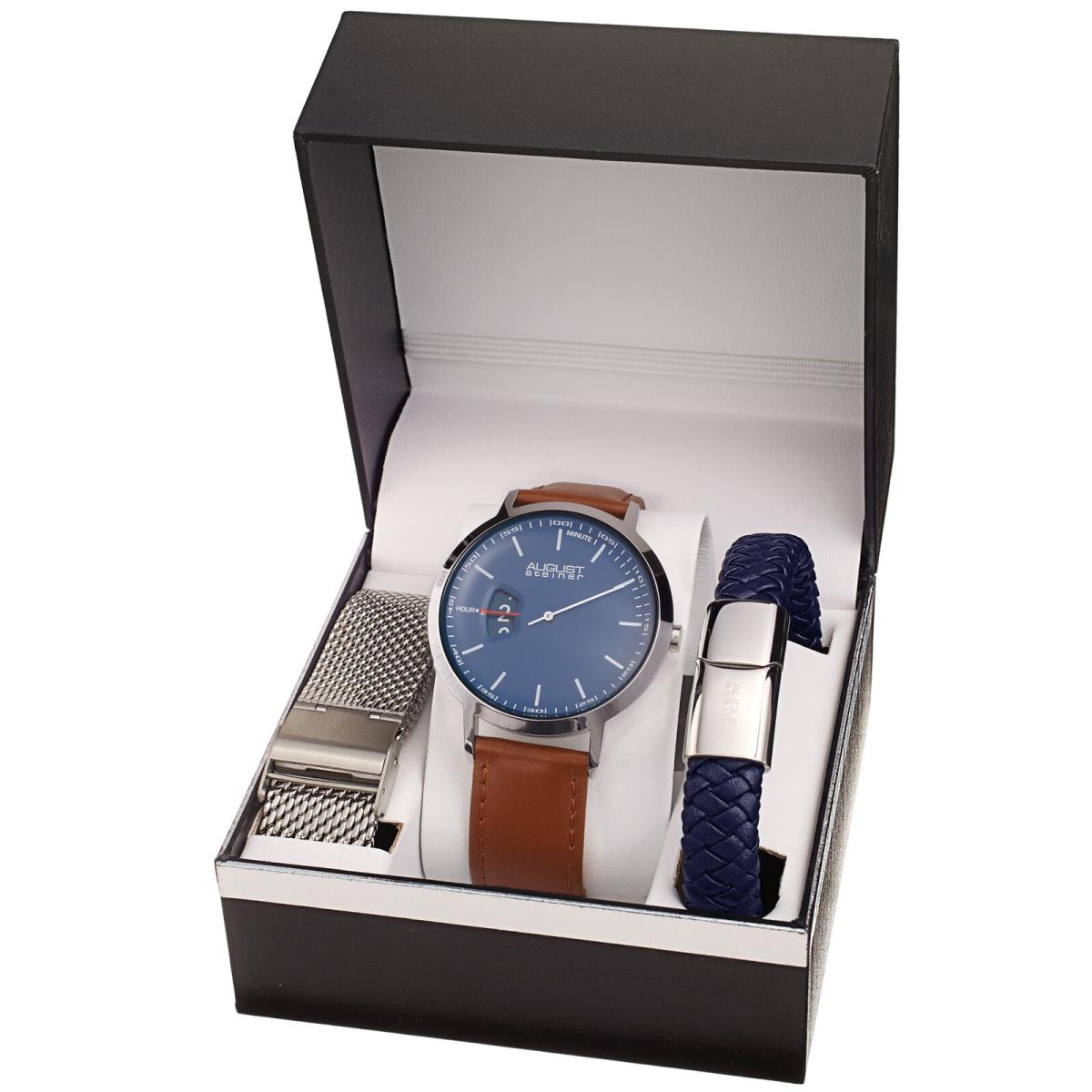 August Steiner AS8294 Men`s Quartz Hour Display Two Extra Bands Watch Set Blue