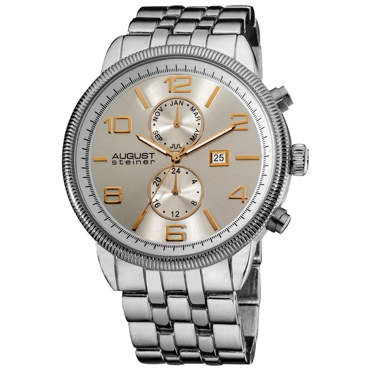 Men`s August Steiner AS8069 Swiss Quartz Multifunction Coin Edge Bezel Watch Stainless Streel