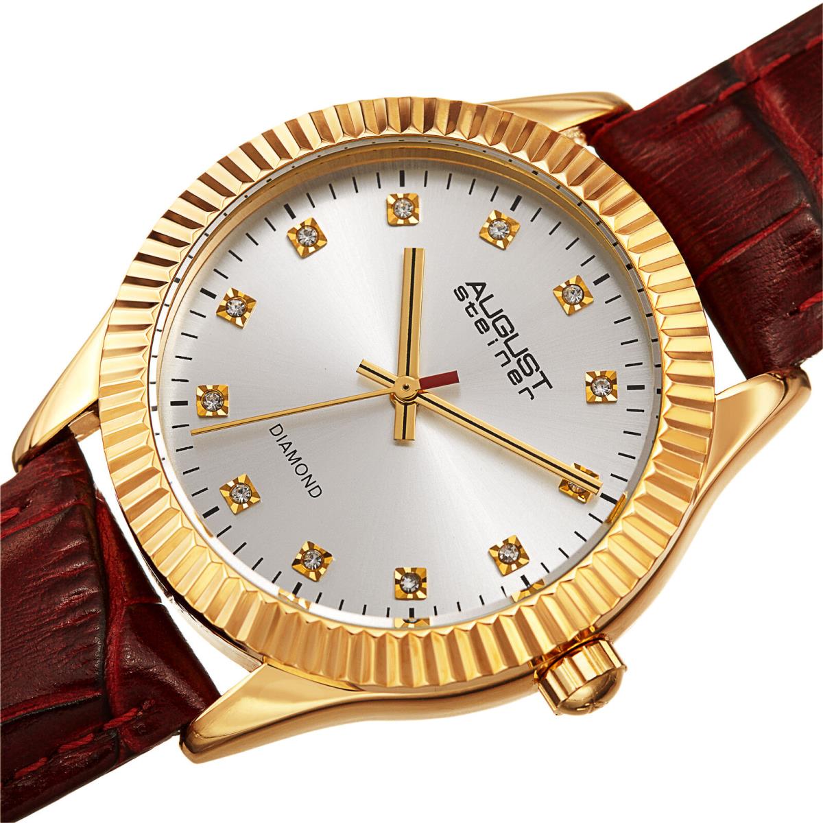 Women`s August Steiner AS8277 Diamond Grooved Bezel Croco Style Leather Watch Red