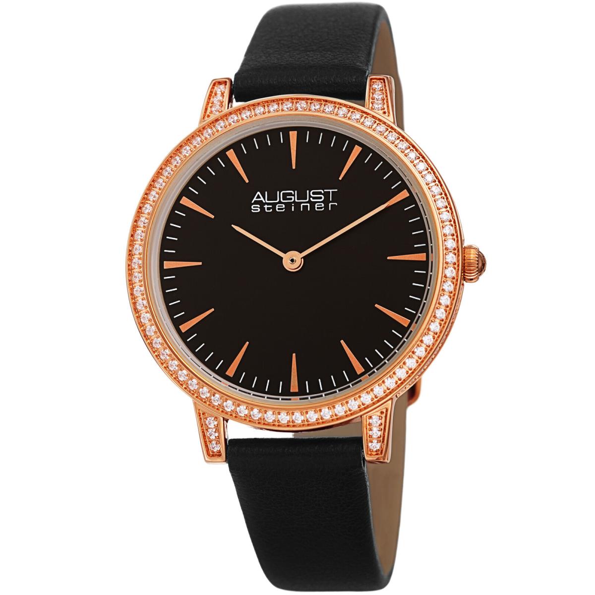 Women`s August Steiner AS8274 Quartz CZ Crystal Leather Strap Watch Black