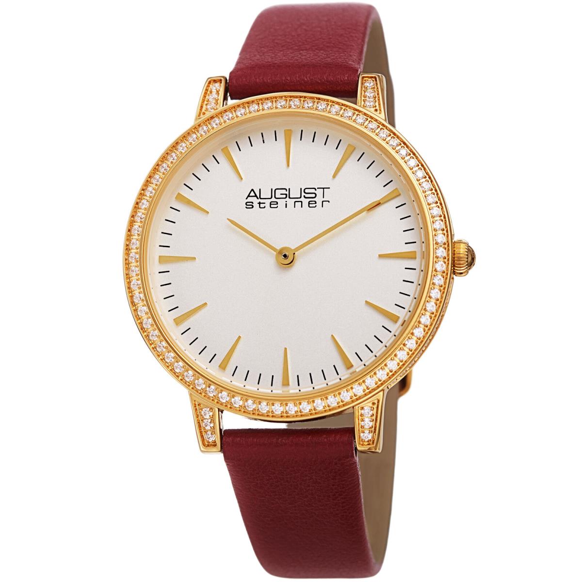 Women`s August Steiner AS8274 Quartz CZ Crystal Leather Strap Watch Burgundy