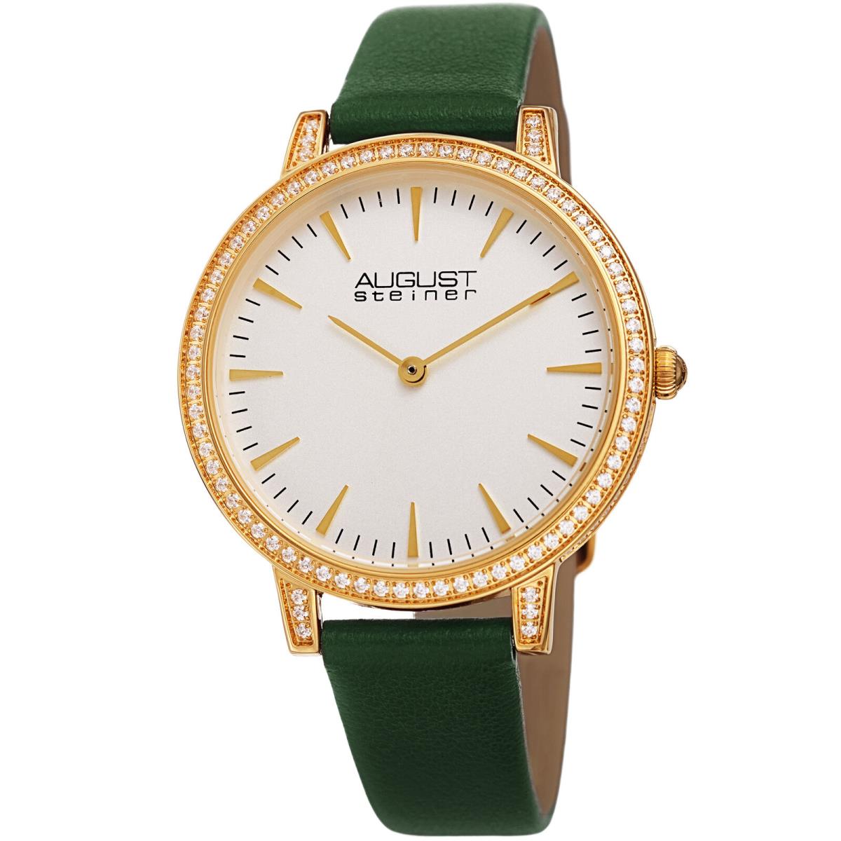 Women`s August Steiner AS8274 Quartz CZ Crystal Leather Strap Watch Green