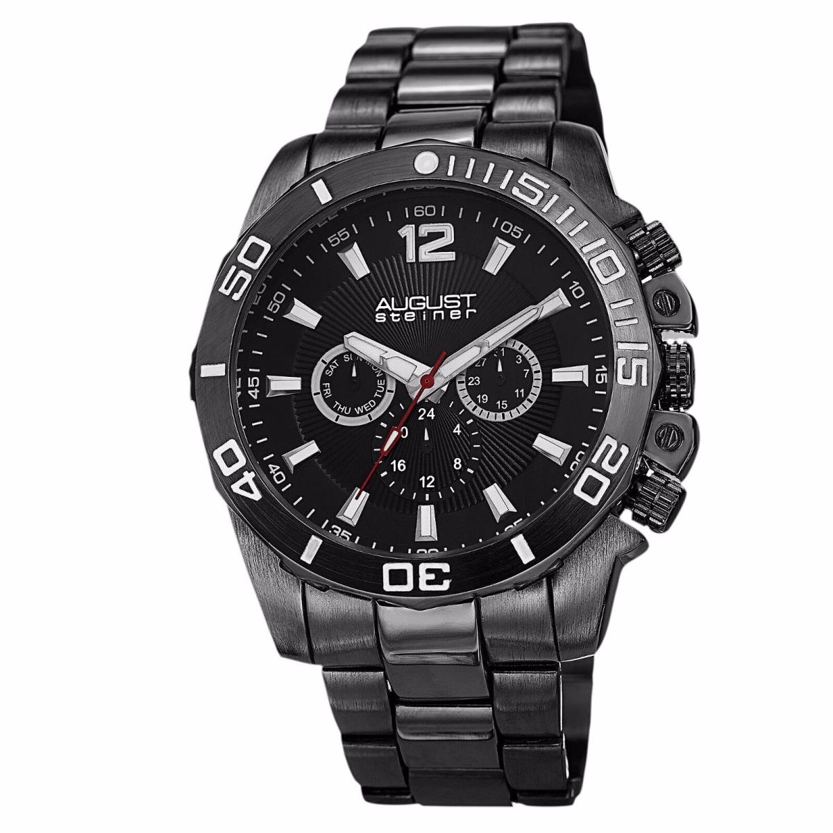 August Steiner AS8113 Men s Swiss Multifunction Day Date Bracelet Watch Jet Black