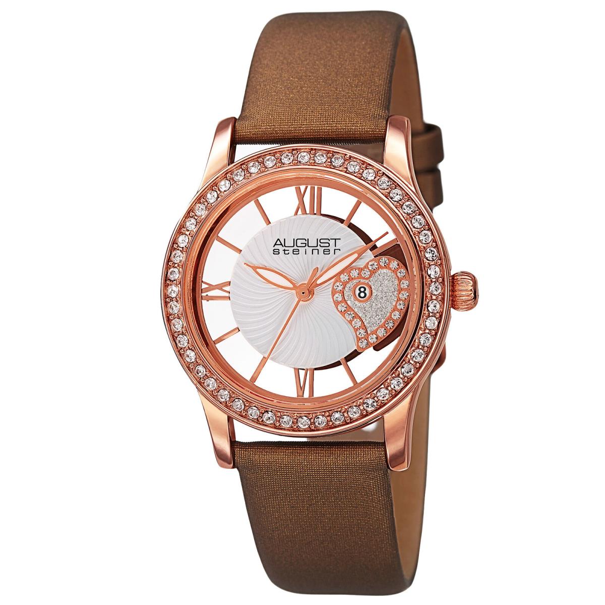 Women`s August Steiner AS8176 Swarovski Crystal Bezel Date Satin Leather Watch Brown