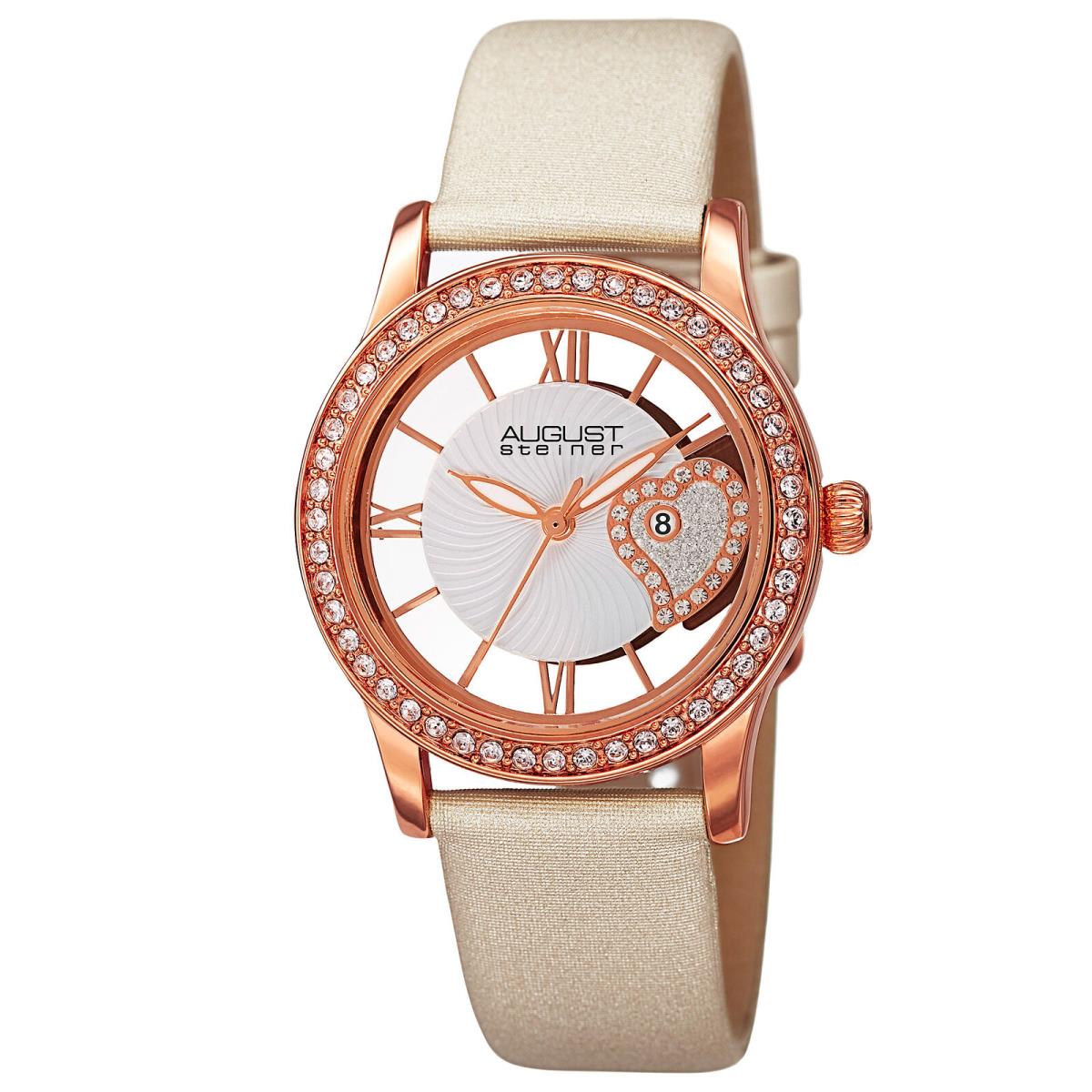 Women`s August Steiner AS8176 Swarovski Crystal Bezel Date Satin Leather Watch White