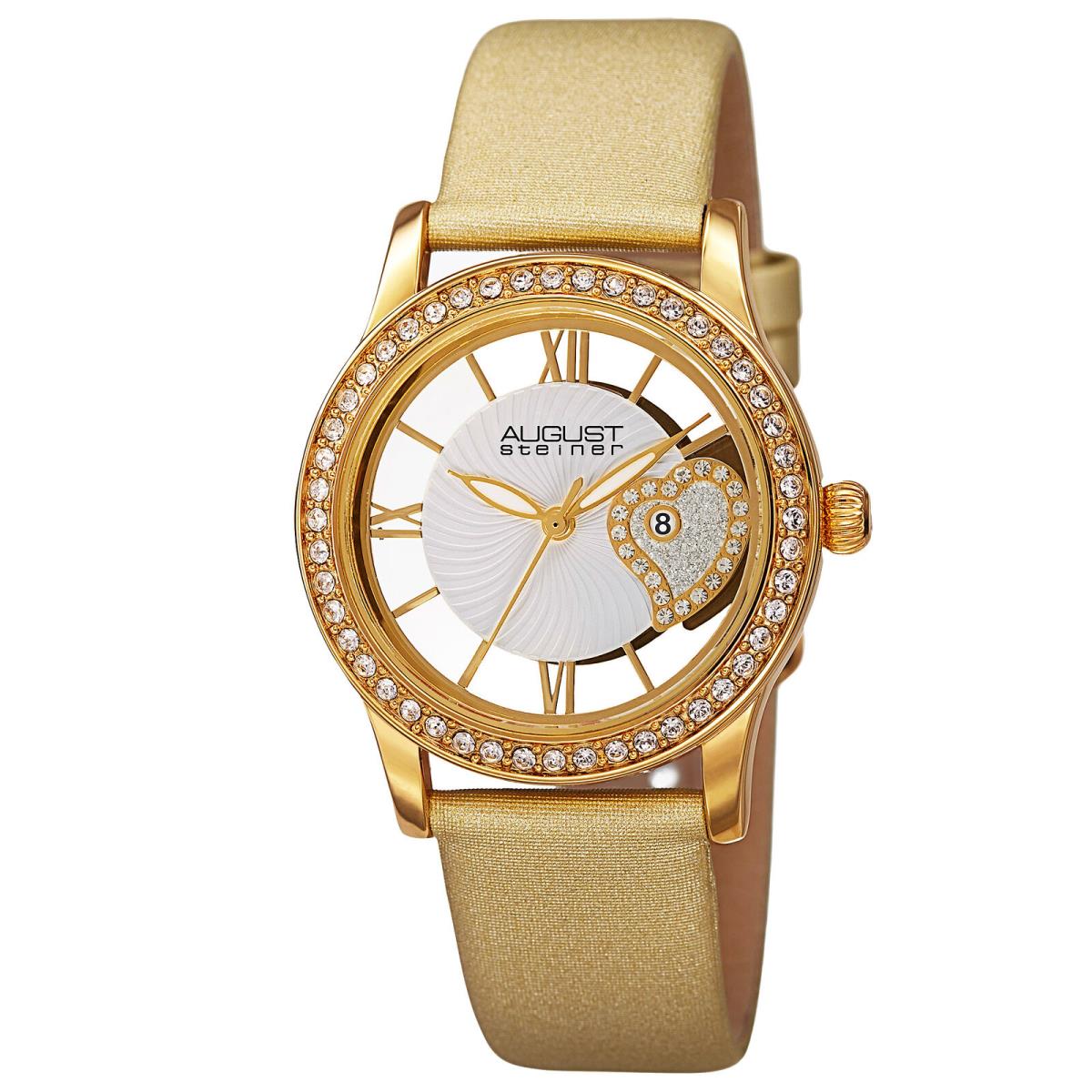 Women`s August Steiner AS8176 Swarovski Crystal Bezel Date Satin Leather Watch Yellow Gold