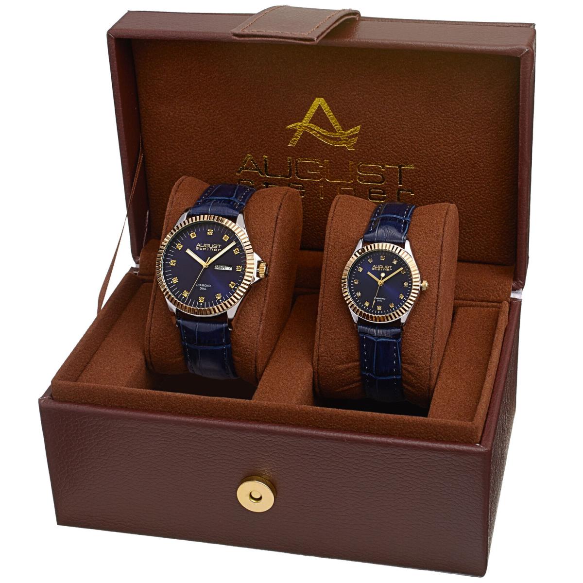 August Steiner AS8286 His and Hers Quartz Diamond Dial Leather Strap Watch Set