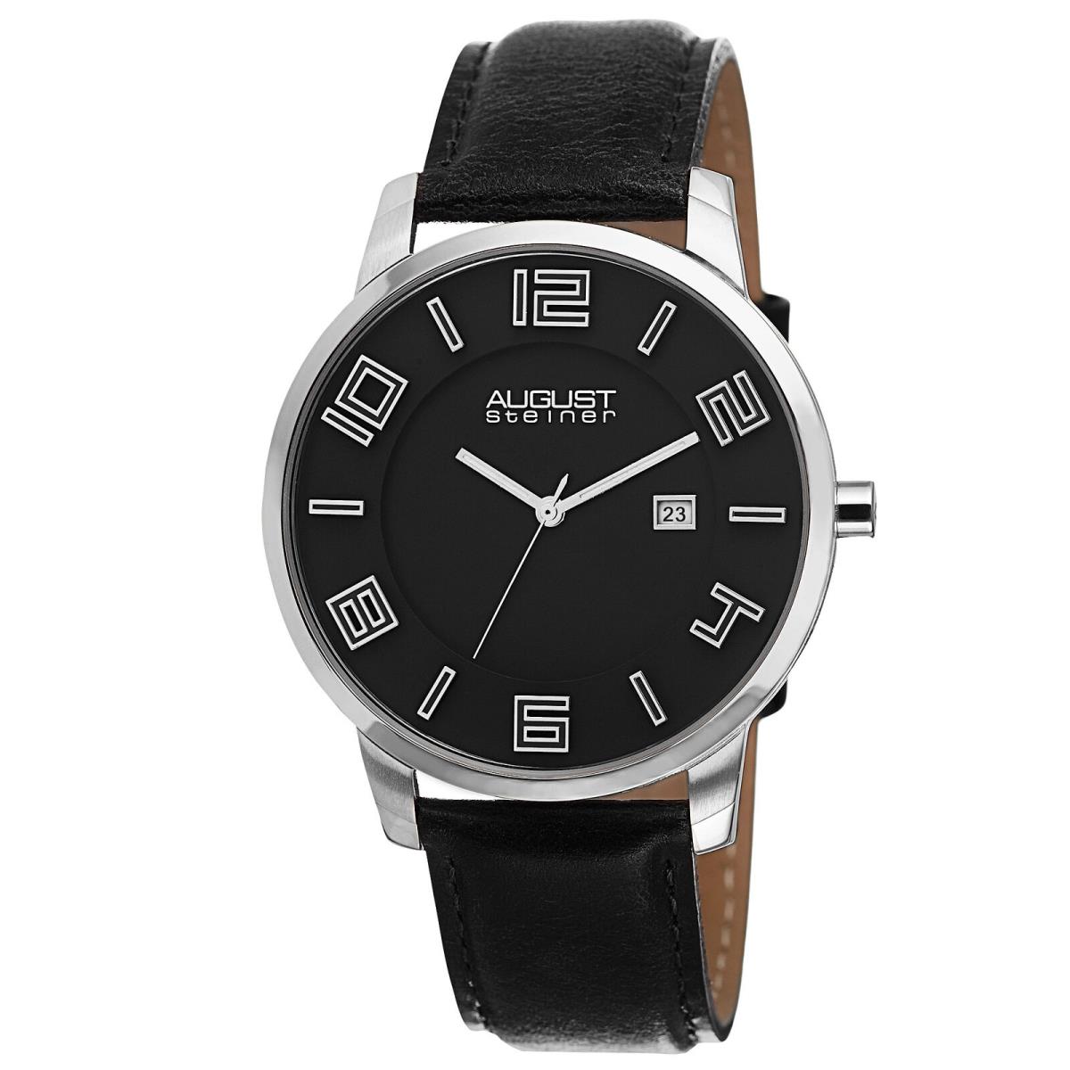 Men`s August Steiner AS8108 Swiss Quartz Ultra-thin Date Black Leather Watch Black