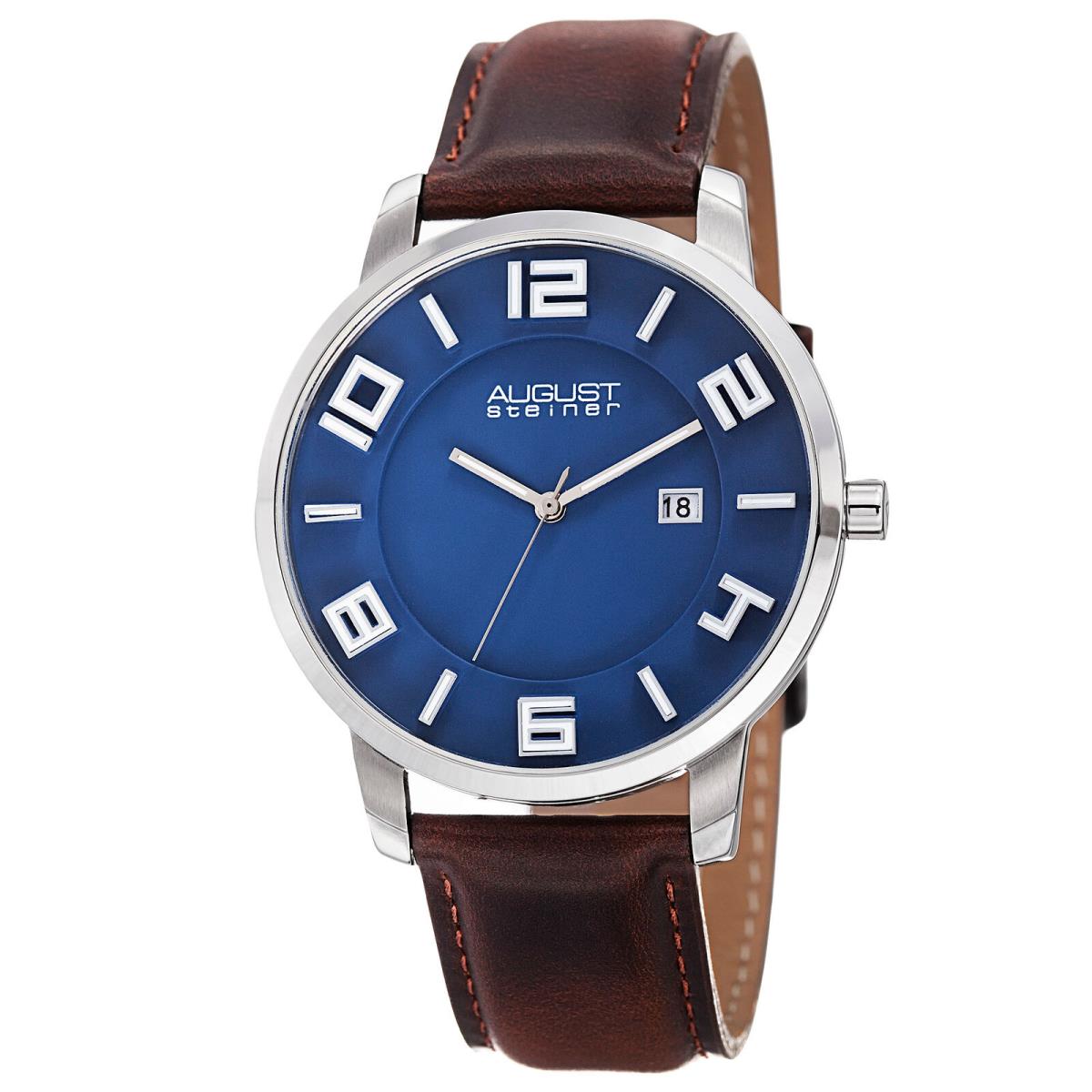 Men`s August Steiner AS8108 Swiss Quartz Ultra-thin Date Black Leather Watch Blue