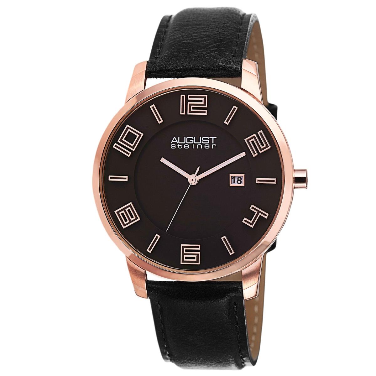 Men`s August Steiner AS8108 Swiss Quartz Ultra-thin Date Black Leather Watch Rose Gold Black