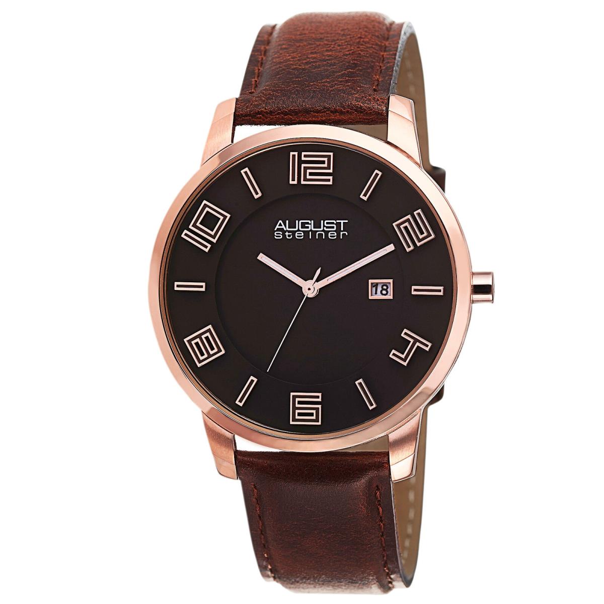 Men`s August Steiner AS8108 Swiss Quartz Ultra-thin Date Black Leather Watch Rose Gold Brown