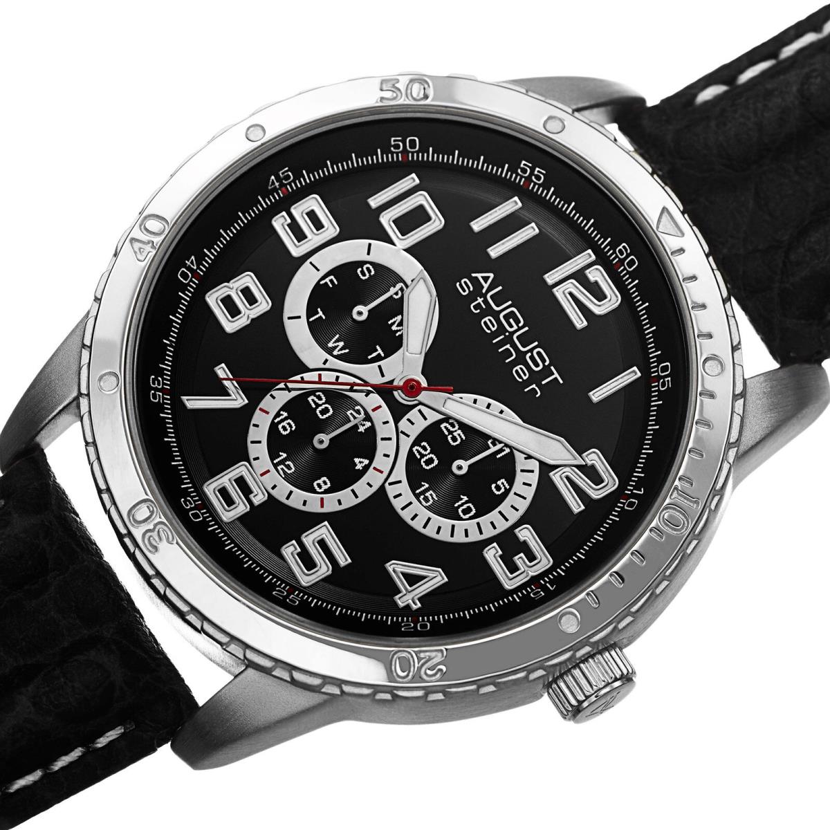 Men`s August Steiner AS8116 Quartz Multifunction Leather Strap Watch ,Black/ Silver