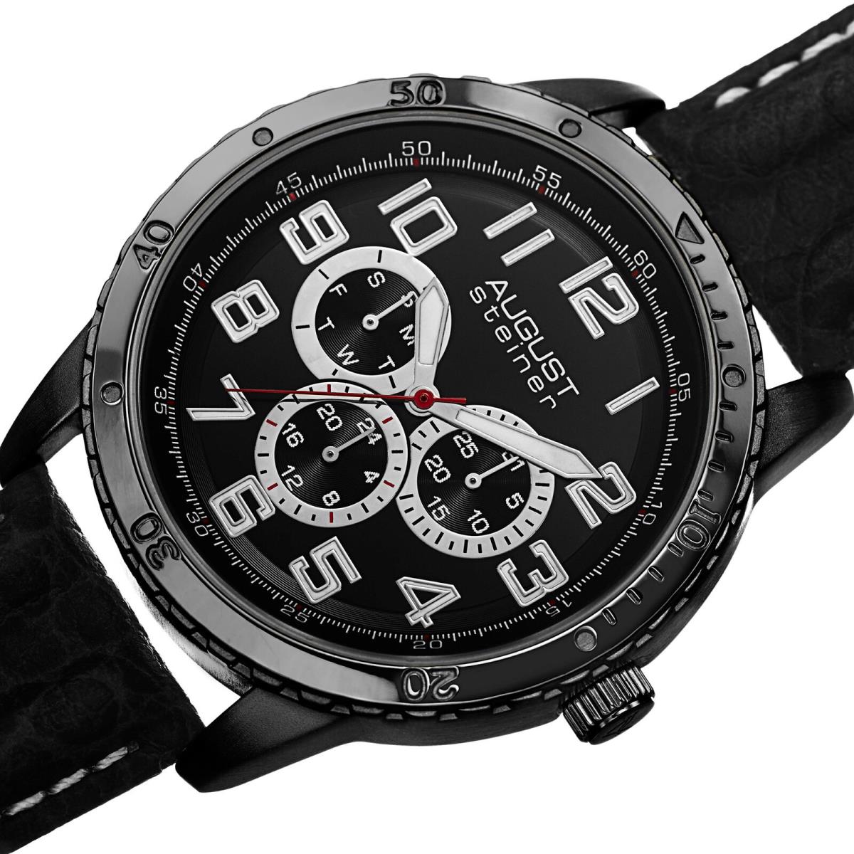 Men`s August Steiner AS8116 Quartz Multifunction Leather Strap Watch Black