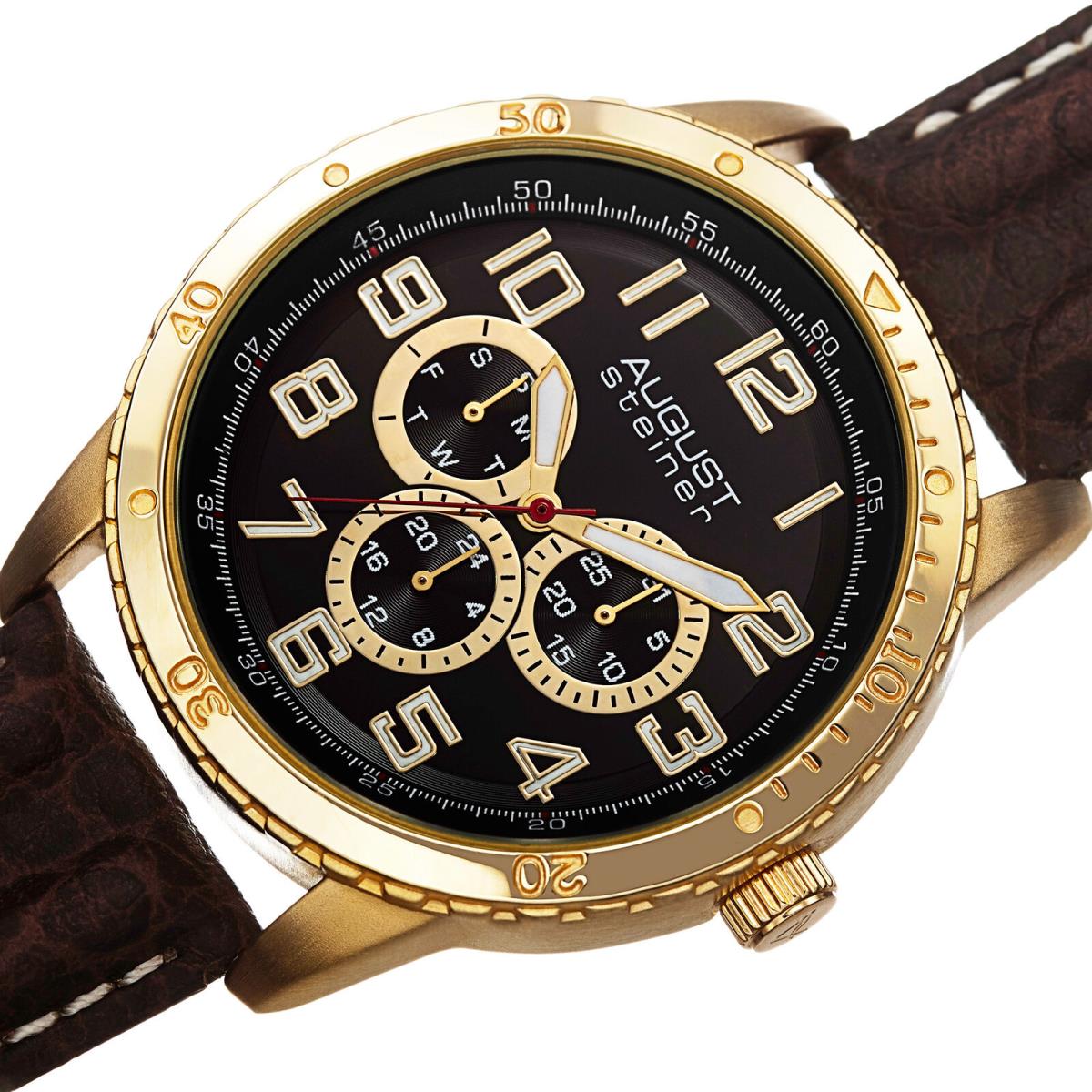 Men`s August Steiner AS8116 Quartz Multifunction Leather Strap Watch Brown/ Gold