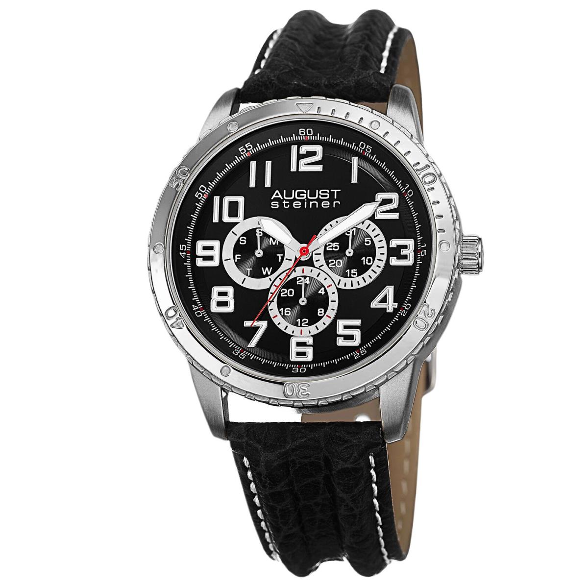 Men`s August Steiner AS8116 Quartz Multifunction Leather Strap Watch ,Black/ Silver
