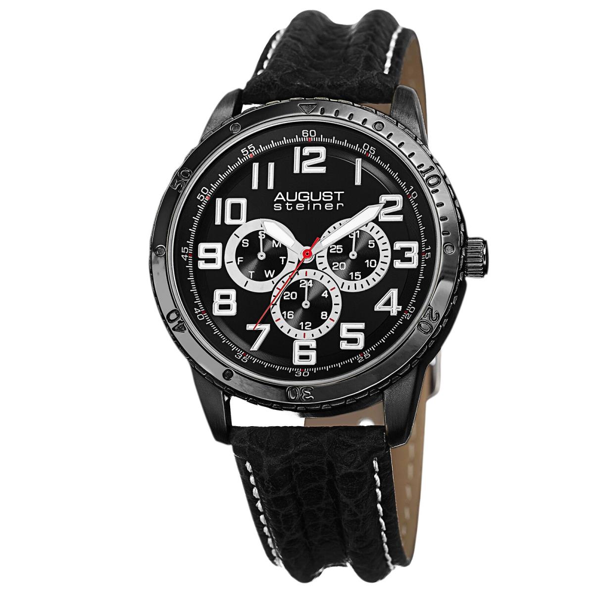 Men`s August Steiner AS8116 Quartz Multifunction Leather Strap Watch Black