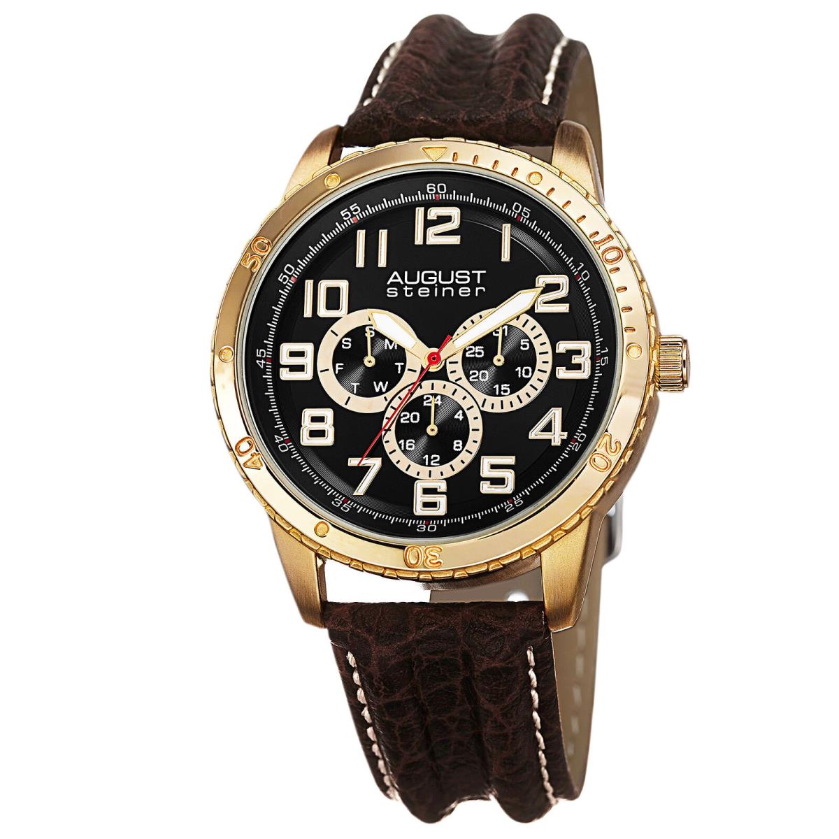 Men`s August Steiner AS8116 Quartz Multifunction Leather Strap Watch Brown/ Gold