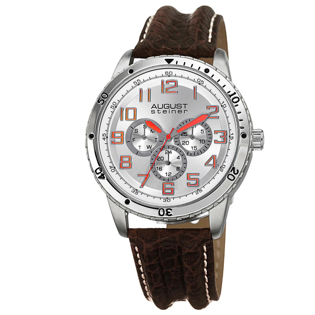 Men`s August Steiner AS8116 Quartz Multifunction Leather Strap Watch Brown/ Silver