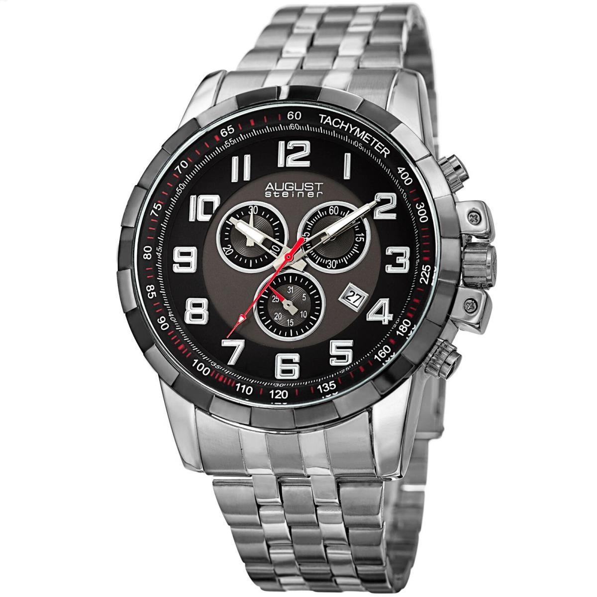 Men`s August Steiner AS8118 Chronograph Multifunction Date Stainless Steel Watch Brilliant Stainless Steel