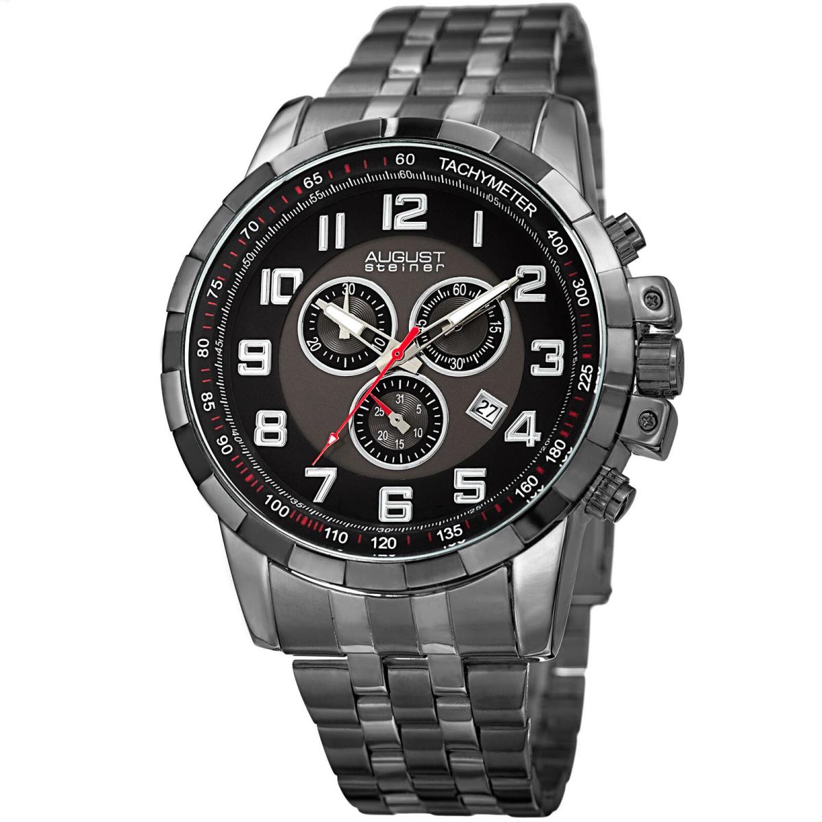 Men`s August Steiner AS8118 Chronograph Multifunction Date Stainless Steel Watch Gun Metallic Black