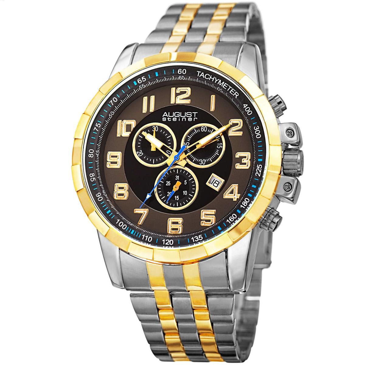 Men`s August Steiner AS8118 Chronograph Multifunction Date Stainless Steel Watch Premium Two Tone