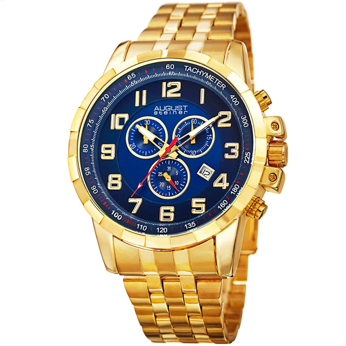 Men`s August Steiner AS8118 Chronograph Multifunction Date Stainless Steel Watch Shimmering Yellow Gold