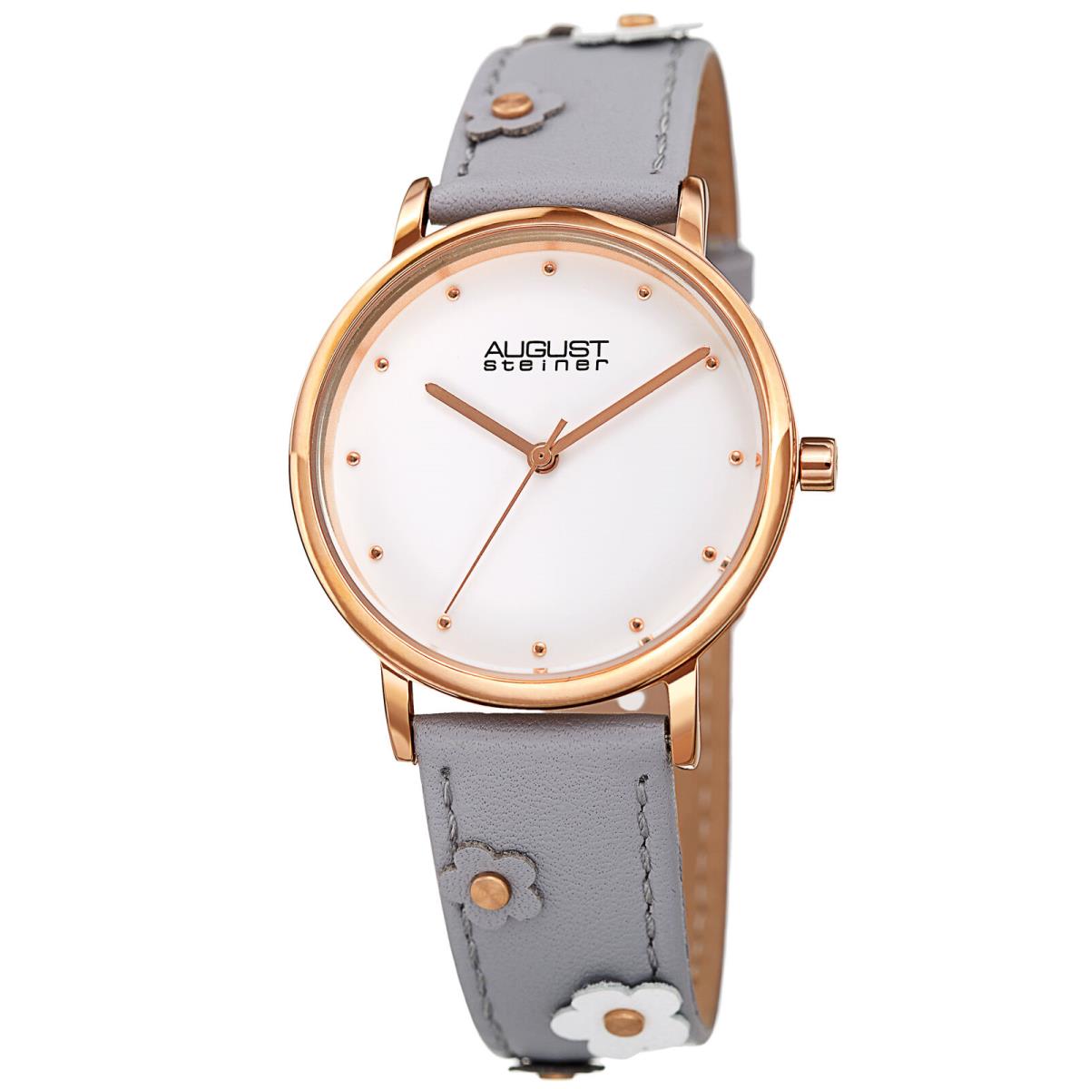 Women`s August Steiner AS8260 Quartz Movement Leather Strap with Flowers Watch Grey