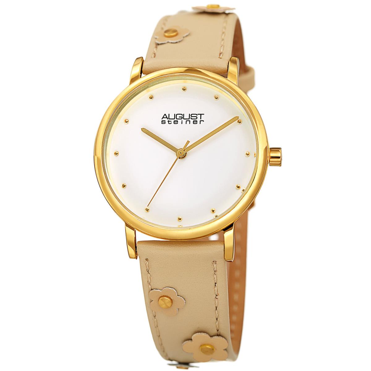 Women`s August Steiner AS8260 Quartz Movement Leather Strap with Flowers Watch Nude