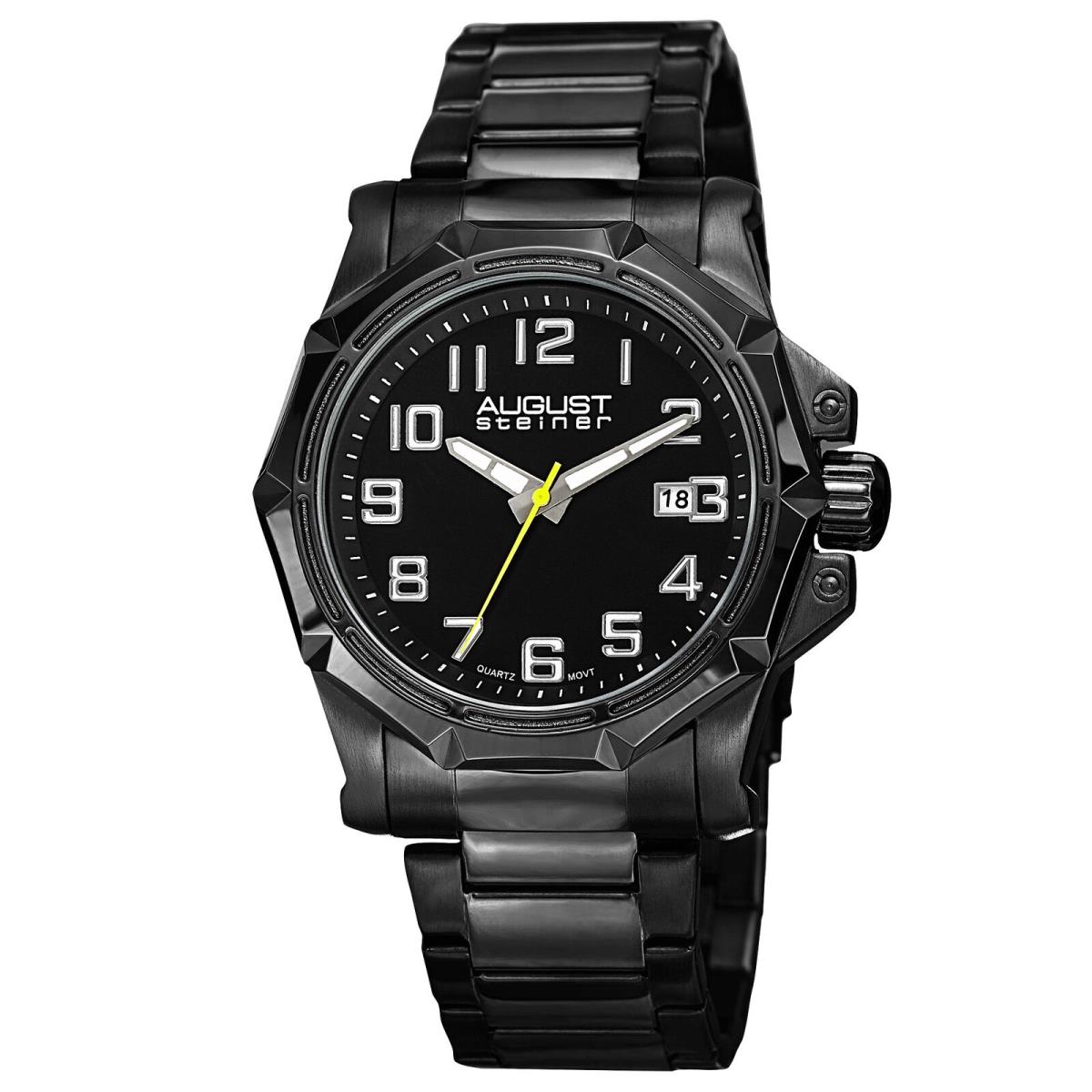 Men`s August Steiner AS8184 Quartz Movement Date Link Bracelet Watch Black on Black