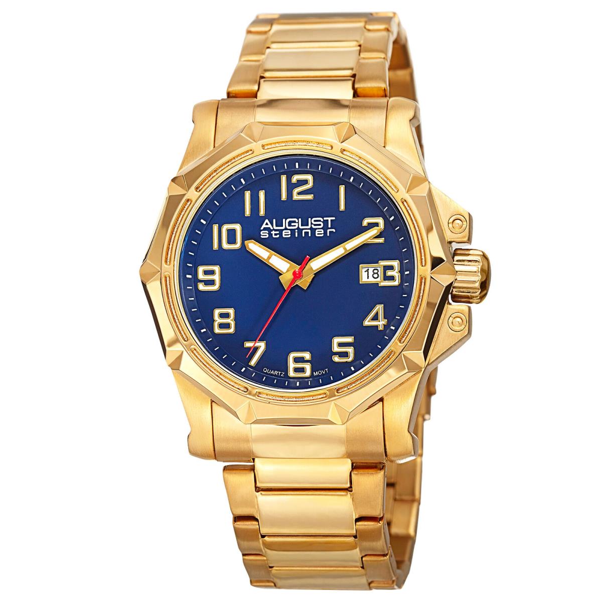 Men`s August Steiner AS8184 Quartz Movement Date Link Bracelet Watch Gold on Blue