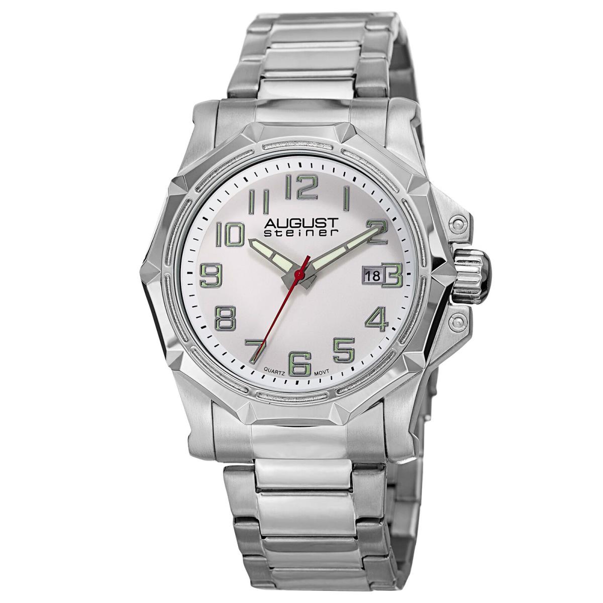 Men`s August Steiner AS8184 Quartz Movement Date Link Bracelet Watch Silver on White