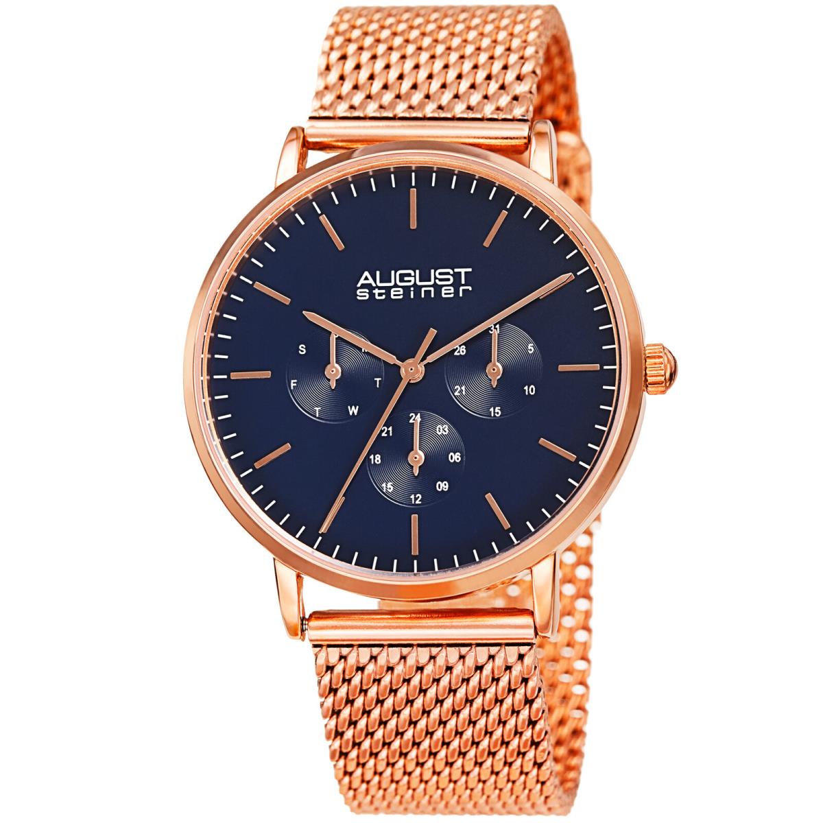 Model Men`s August Steiner AS8255 Multifunction Stainless Steel Mesh Watch Rose Gold Blue