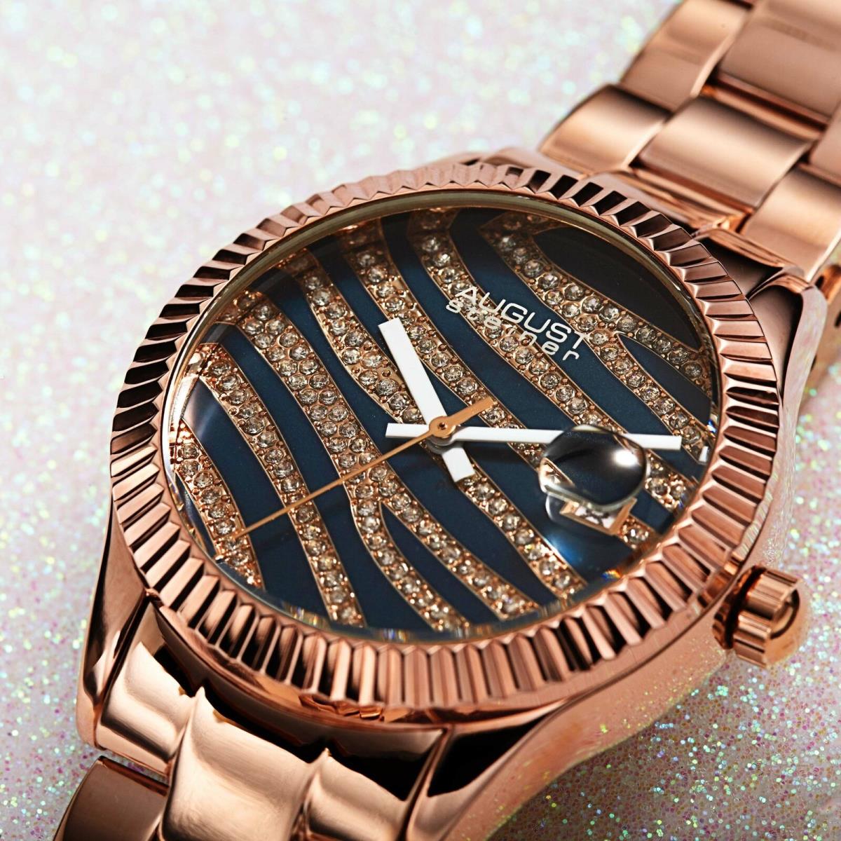 Women`s August Steiner AS8276 Zebra Grooved Crystal Date Stainless Steel Watch Rose Gold