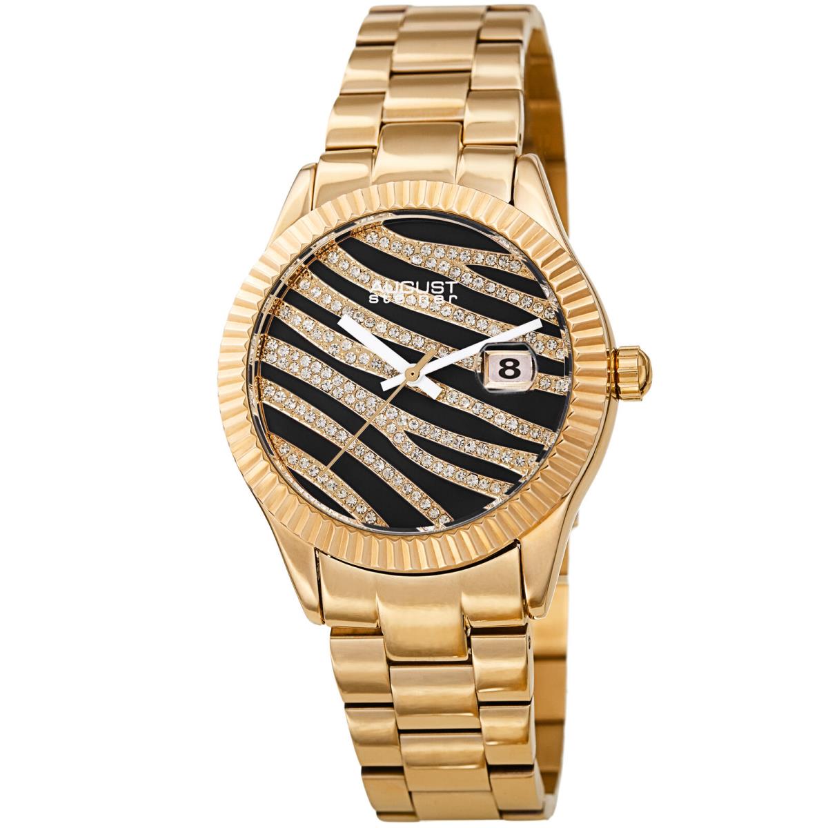 Women`s August Steiner AS8276 Zebra Grooved Crystal Date Stainless Steel Watch Yellow Gold