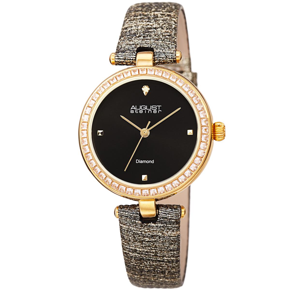 August Steiner Women`s AS8280 Diamond Baguette Crystals Textured Leather Watch