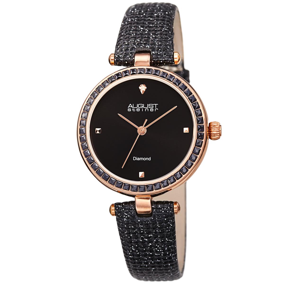 August Steiner Women`s AS8280 Diamond Baguette Crystals Textured Leather Watch Black