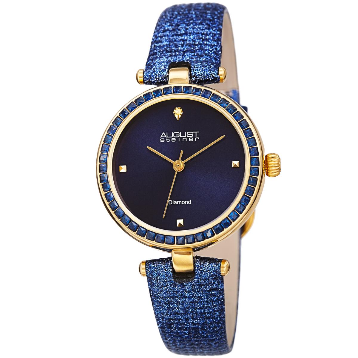 August Steiner Women`s AS8280 Diamond Baguette Crystals Textured Leather Watch Blue